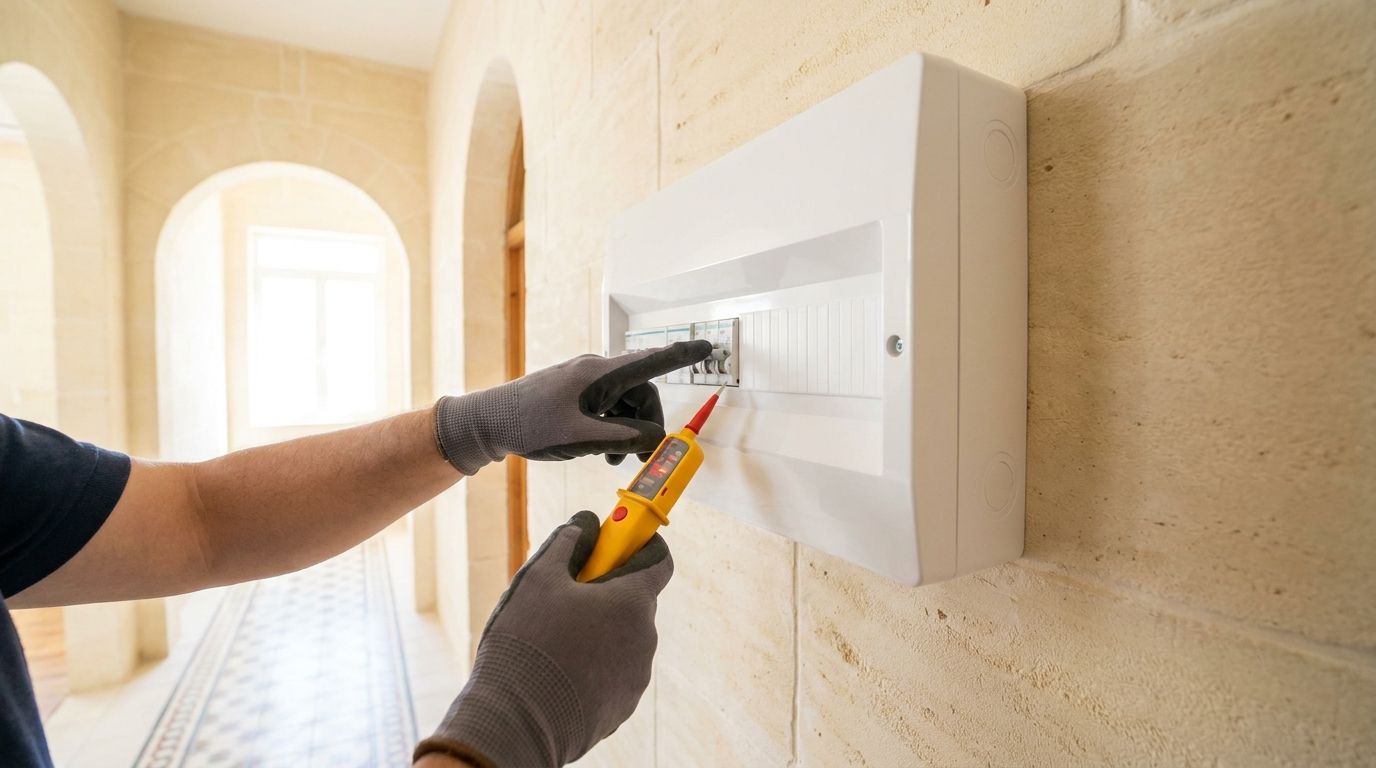 An electrician resetting a breaker on a fuse board in a bright Maltese hallway